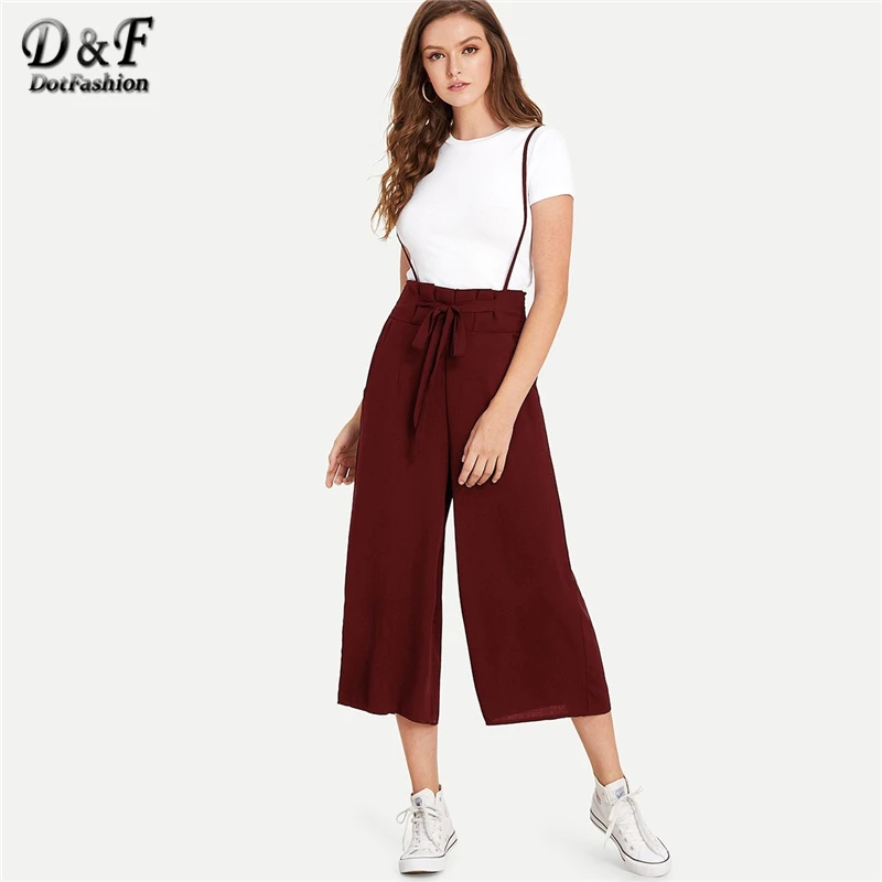 

Dotfashion Solid Knot Front Pocket Side Pinafore Pants Elegant Jumpsuit Women 2019 Spring Casual Sleeveless Wide Leg Overalls