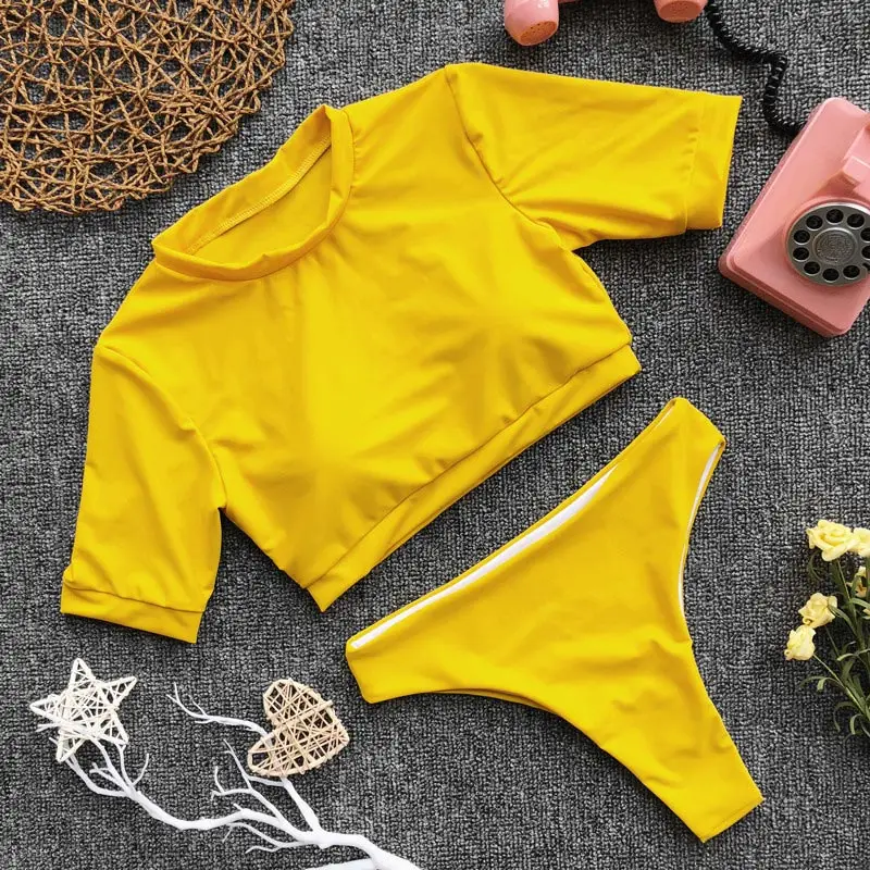 Women Solid Bikini Suit Top with Pants Short Sleeves High Waist Slim Fit Swimsuit ASD88
Women Solid Bikini Suit Top with Pants Short Sleeves High Waist Slim Fit Swimsuit ASD88