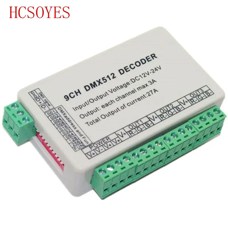 1 pcs 9 channel dmx 512 dimmer,drive,3 group RGB output each channel Max 3A for LED strip
1 pcs 9 channel dmx 512 dimmer,drive,3 group RGB output each channel Max 3A for LED strip