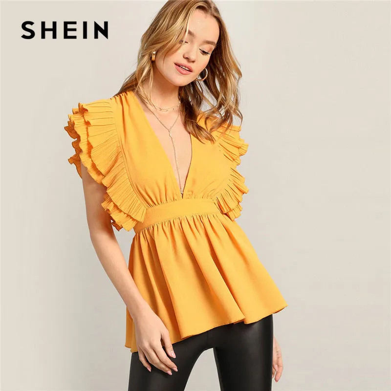 SHEIN Lady Yellow Sexy Pleated Ruffle Embellished Plunging V Neck Blouse Summer Sleeveless Glamorous Peplum Womens Tops
SHEIN Lady Yellow Sexy Pleated Ruffle Embellished Plunging V Neck Blouse Summer Sleeveless Glamorous Peplum Womens Tops