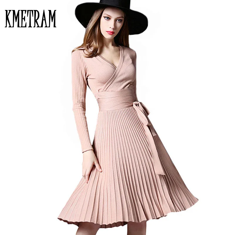 High Quality Elegant Winter Dress 2020 Office Dresses For Women Decorative Sashes V-Neck Solid Plus Size Vintage Vestidos | Женская