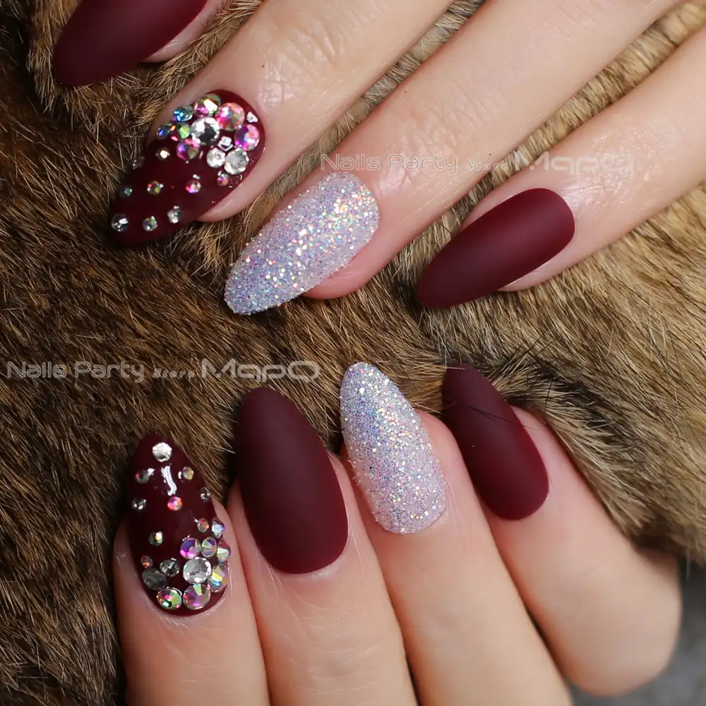 Stiletto Matte Burgundy Glitter False Nails Crystal Full