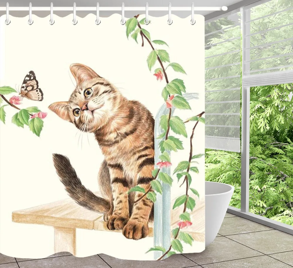 Cat and Butterfly Shower Curtain Set with Rug Extra Long Waterproof Eco-Friendly Bathroom Polyester Fabric for Bathtub Decor | Дом и сад