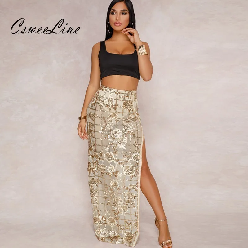 Women Sequin Embroidery Skirt Fashion Sexy High Slit Long Maxi Skirts Womens Nightclub Silver Gold Mesh Summer Skirt Jupe Longue
Women Sequin Embroidery Skirt Fashion Sexy High Slit Long Maxi Skirts Womens Nightclub Silver Gold Mesh Summer Skirt Jupe Longue