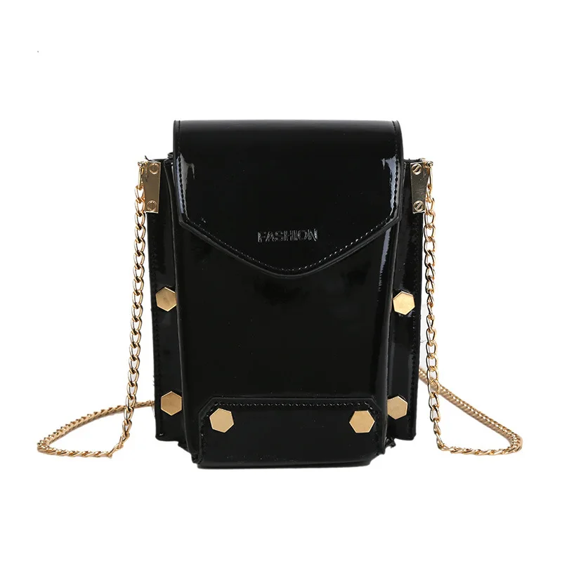 Лакированная кожа плечо сумка-мессенджер с заклепками цепи Crossbody телефон сумка