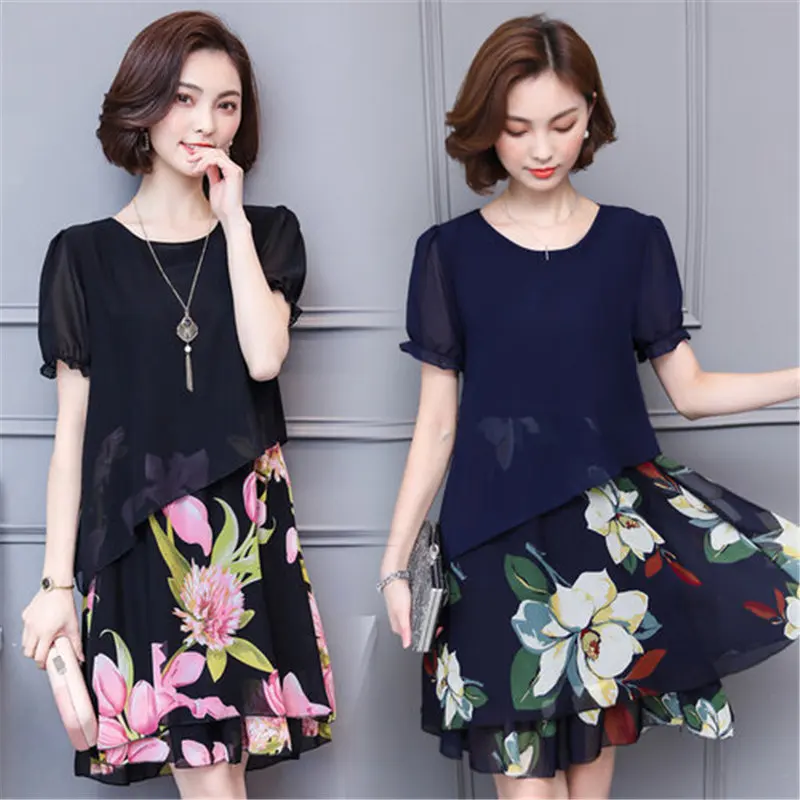 large size woman summer dress elegant Chiffon short sleeve O collar dress fashion female Print plus size dress Fake two pieces
large size woman summer dress elegant Chiffon short sleeve O collar dress fashion female Print plus size dress Fake two pieces