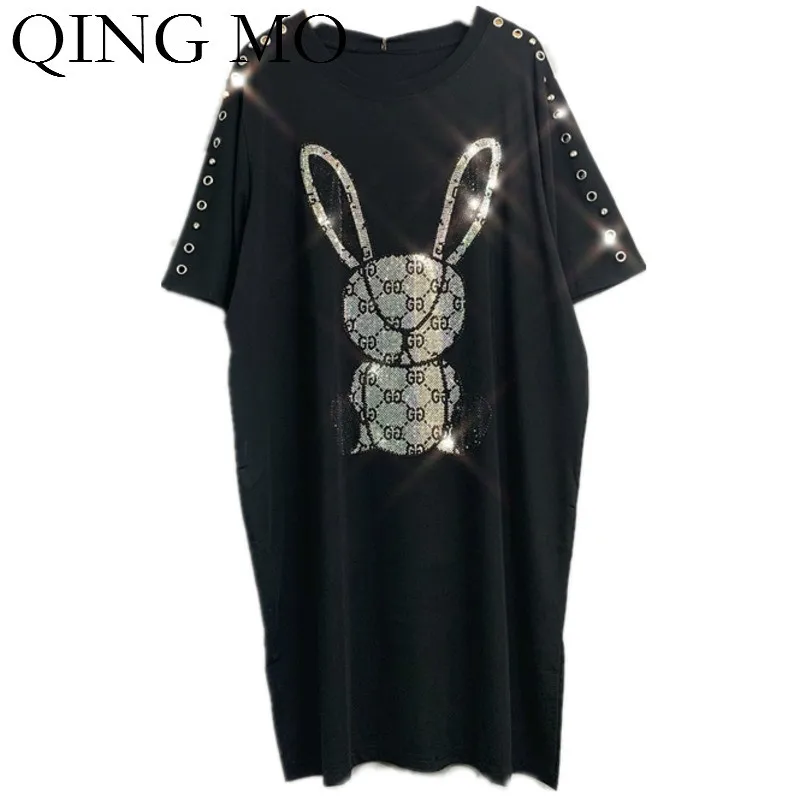 QING MO Women Lovely Rabbit Print Dress With Rhinestone Women Metal Rings Decorate T Shirt Dress Summer Oversize Dress ZQY1069
QING MO Women Lovely Rabbit Print Dress With Rhinestone Women Metal Rings Decorate T Shirt Dress Summer Oversize Dress ZQY1069