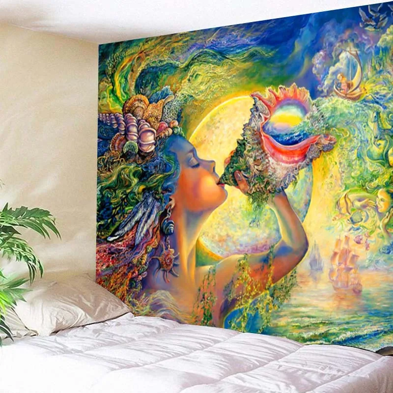 

Watercolor Conch Goddess Tapestry Large Art Printed Tapestries Psychedelic Wall Hanging Beach Towel Polyester Thin Blanket Yoga