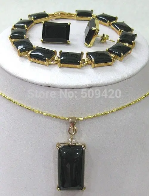 

Wholesale jewe203>>18k Yellow Gold GP Black Agate Onyx Necklace Bracelet Earring set #@