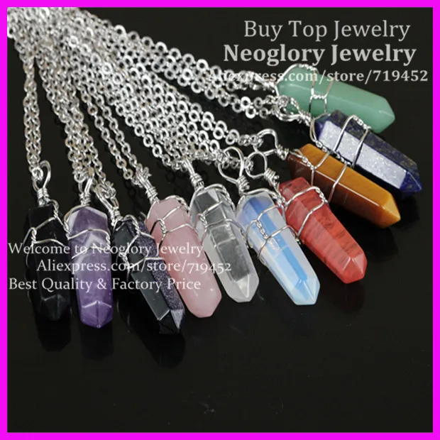 

10pcs Mix Natural Gems Stone Necklace Silver Wire Wrapped Opal/Pink Quartz/Blue Sand/Crystal Druzy Quartz Pendant Necklace