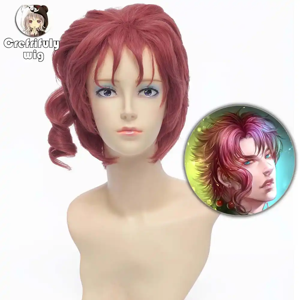 Kakyoin Noriaki Jojo Short Curly Auburn Cosplay Wig Synthetic Hair