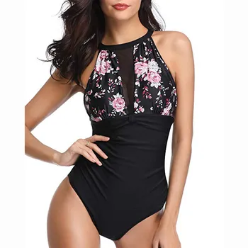 

Women One Piece Flower Print Keyhole Mesh Halter Plunge Ruched Monokini Swimwear swimsuit Beachwear Bikini 2020 mujer Brazilian