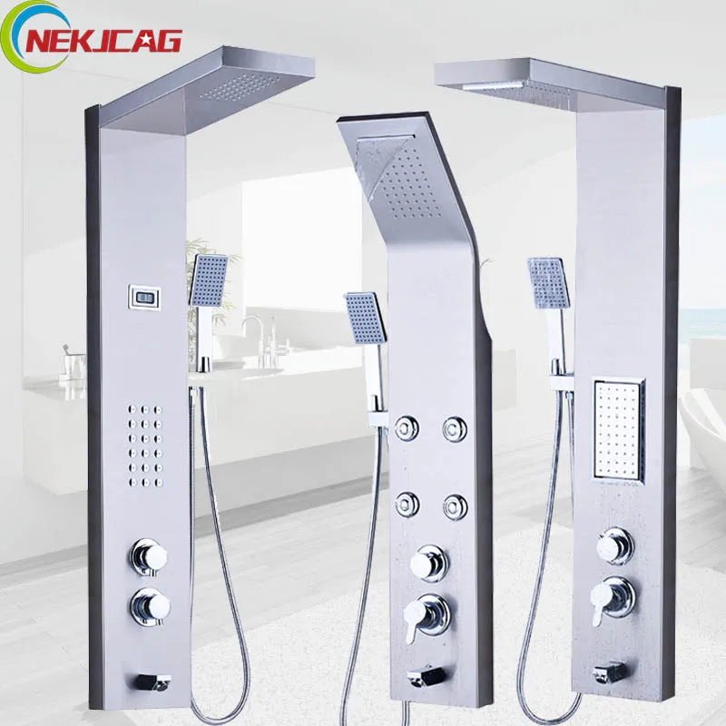 

Thermostatic Rain Waterfall Shower Panel Stainless Steel Tower Shower Column Massage System Multifunction Outlet Water Faucet