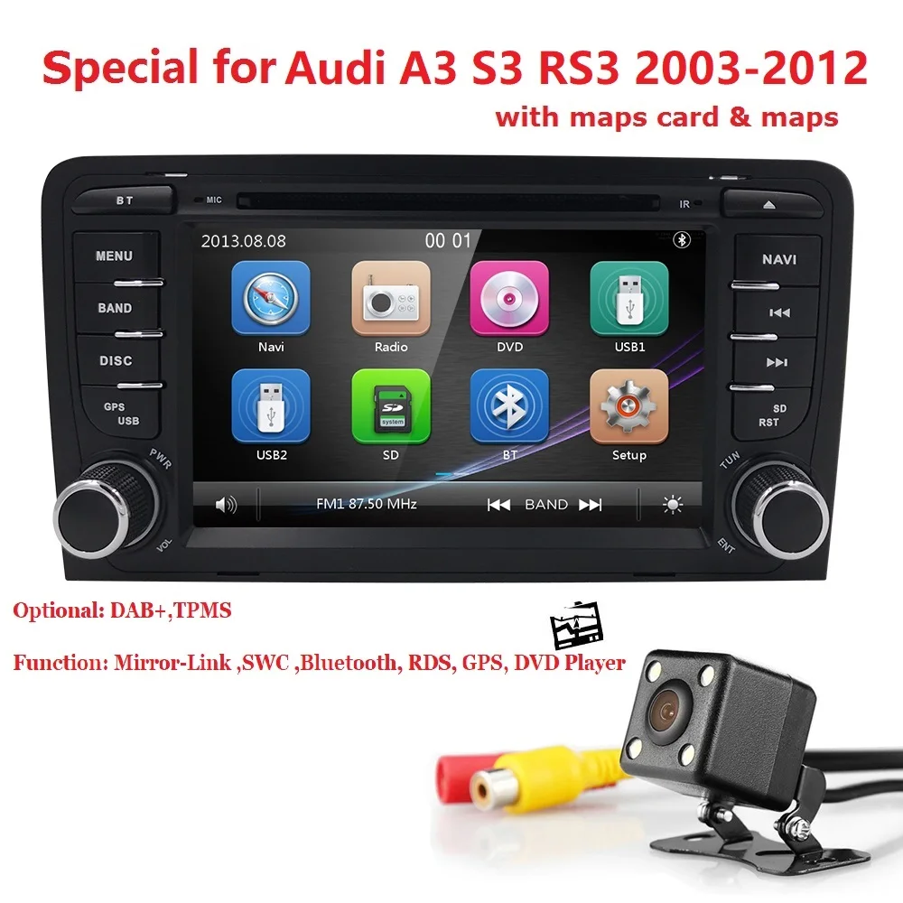 

7" Touch Screen Car CD DVD Player Stereo Radio GPS Navigation Audi A3 S3 SWC RDS DVBT TPMS DAB+BT CD EQ CAM-IN MAP SD USB Camera