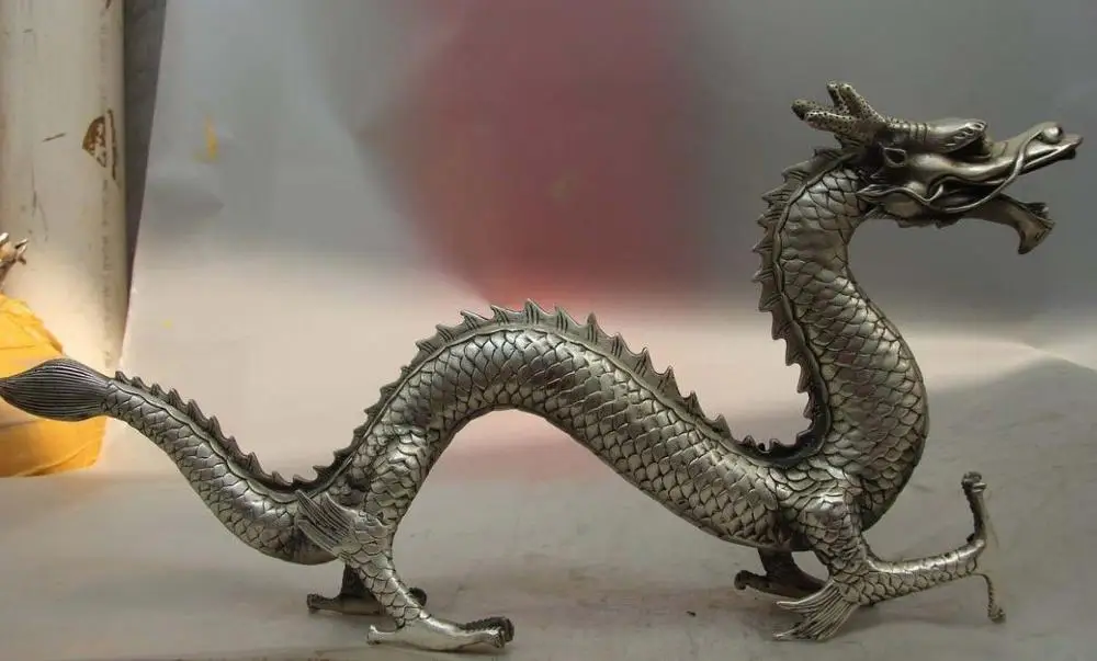 China White Copper Silver Feng Shui Zodiac Mascot Water Dragon Statue Sculpture