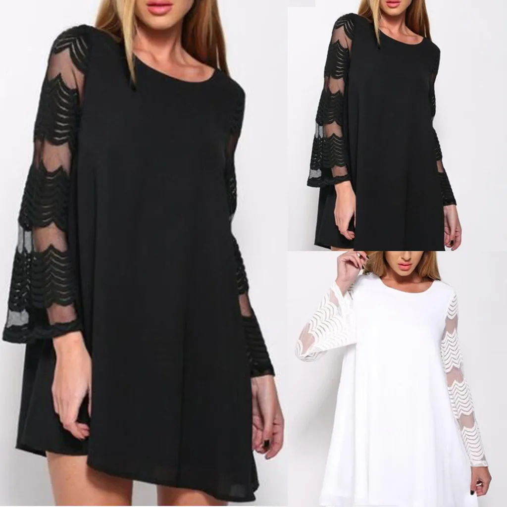 Womail Solid Color Patchwork Lace Design O-Neck Chiffon Material Fashion Elegant Summer Beach Dress Women 19APR01