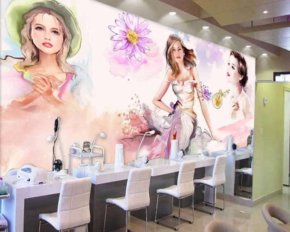 送料無料水彩美容サロン化粧品ショップの背景壁ヘアサロンショップカスタム 3d 壁紙レストラン壁画 Gooum