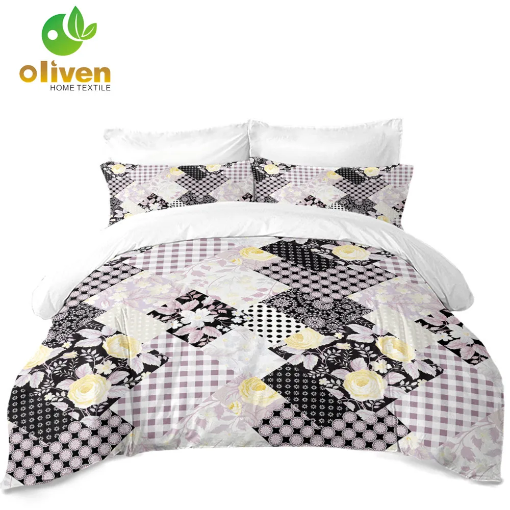 Yellow Flowers Duvet Cover Set Floral Plaid Bedding Set Geometric