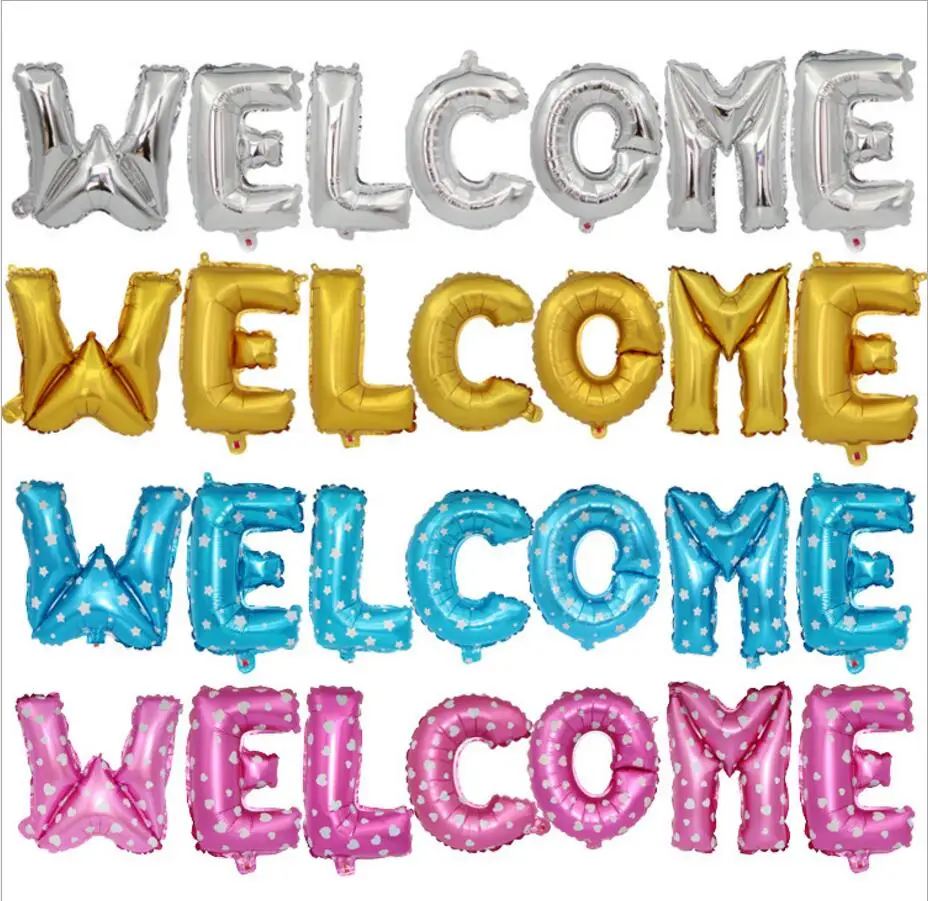 7pcs/set 16inch Welcome Letters Foil Balloons Birthday Wedding Decoration Gold Silver blue Pink Ballons Set Event Party Supplies
7pcs/set 16inch Welcome Letters Foil Balloons Birthday Wedding Decoration Gold Silver blue Pink Ballons Set Event Party Supplies