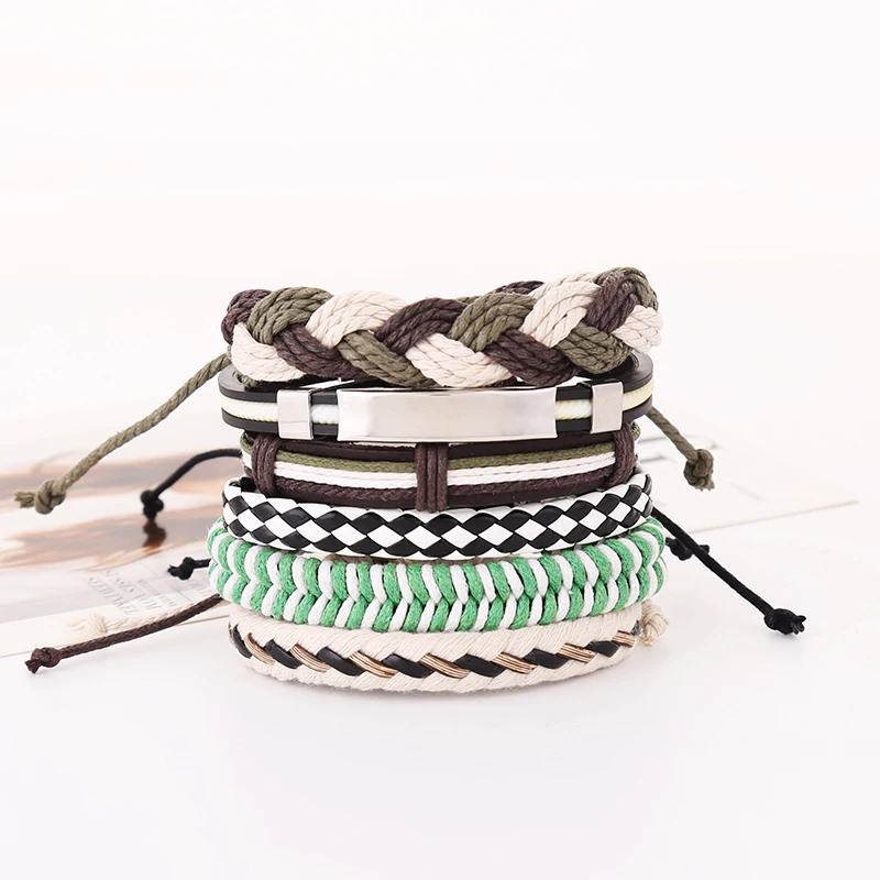 

6pcs/set Hemp Rope Handmade Braided Metal Alloy Vintage Punk Multilayer Black White Wristband Wrap Charm Women Men Bracelets