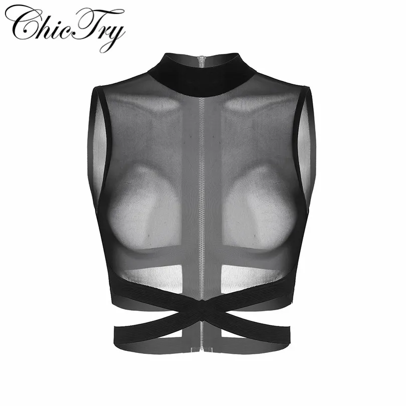 

Sexy Female Women Ladies Clubwear Tanks Round Neck Sheer Mesh Zipper Back Elastic Strappy Criss Cross Festival Cosplay Crop Top