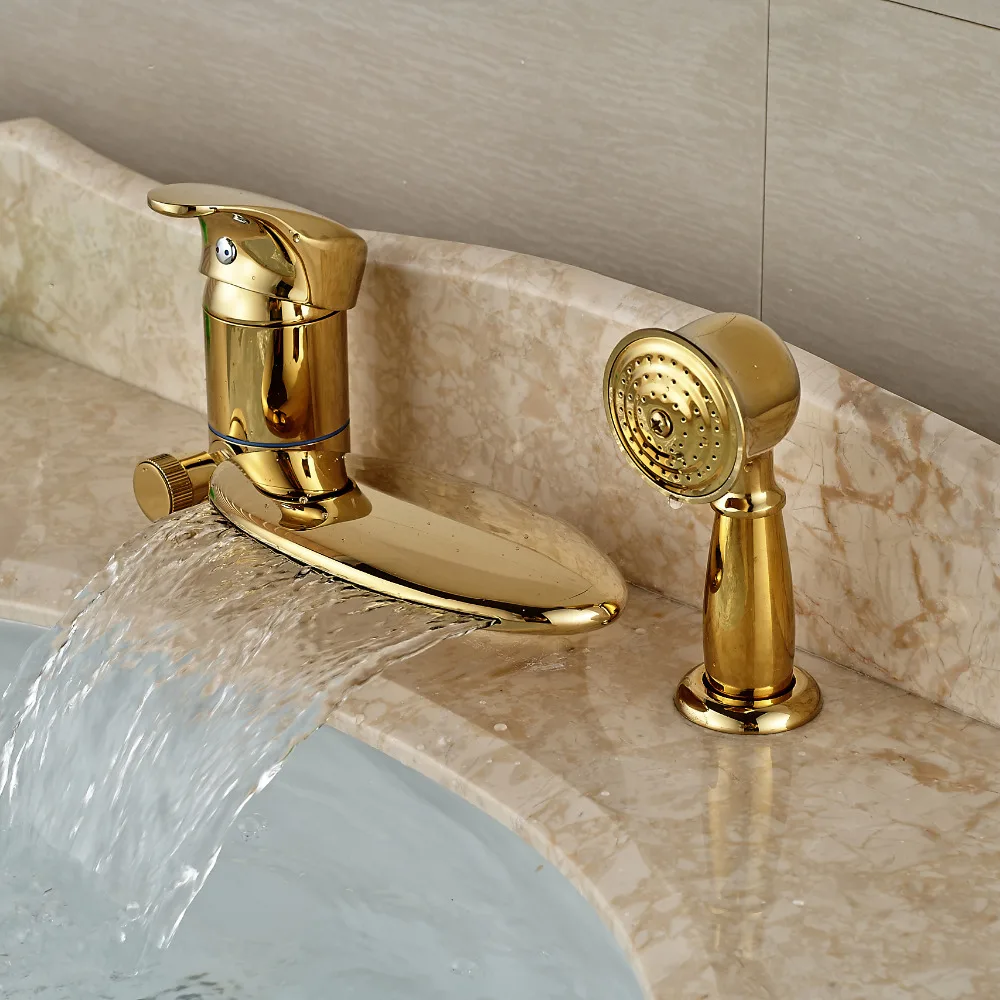 Luxury Golden Brass Bathtub Mixer Faucet Taps Widespread Single Handle Waterfall Tub Filler
