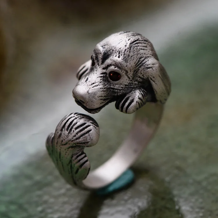 

S990 silver, Thai silver jewelry, twelve animals, Teddy dog, mosaic, artificial red zircon, lady's opening ring.