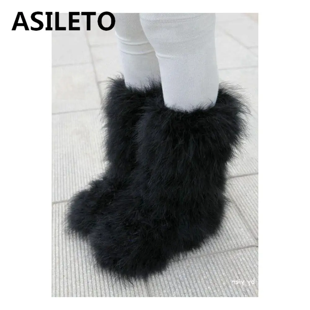 

ASILETO Women winter Boots shoes Genuine Real hairy ankle boots women Feather furry Fur plush warm outdoor boots booties T554