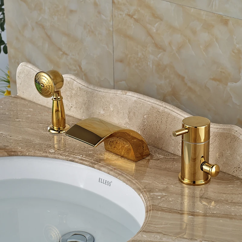 Gold Polished Widespread Deck Mounted 3pcs With Single Handle Mixer Tap