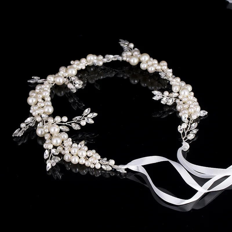 FORSEVEN White Pearl Headband Tiara Forehead Crystal Leaf Beads Hairband Headpiece Hair Jewelry Bridal Women Wedding Accessories | Украшения