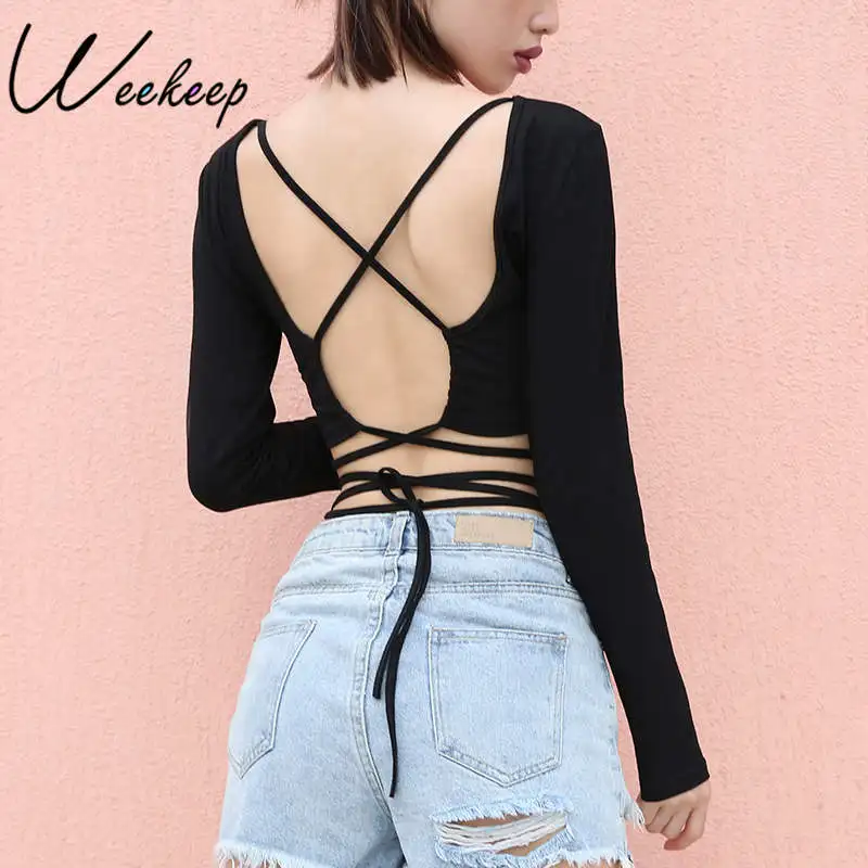 Weekeep Women Black Backless Long Sleeve t shirt Sexy Hollow Out Bandage tshirt 2018 Streetwear Bodycon tee shirt femme Crop Top
Weekeep Women Black Backless Long Sleeve t shirt Sexy Hollow Out Bandage tshirt 2018 Streetwear Bodycon tee shirt femme Crop Top