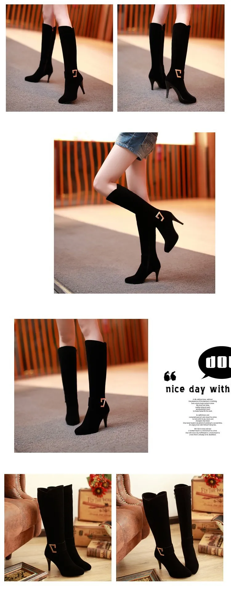 Womens Elegant Belt Buckle Pointed Toe Stiletto Heel Shoes Autumn And Winter Suede Cheap Black Heeled Knee High Knight Boots3