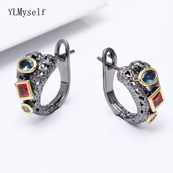 

New look charming earring Pave Blue Olivine red stones Black gold 2 tone plate fantastic jewelry irregular vintage post earrings