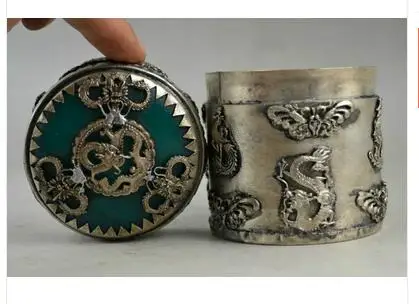 

2PCS 1Pair Metal Chinese Decorated Old Handwork Tibet Silver Dragon Phoenix Toothpick Box Tibetan Silver Bronze decoration