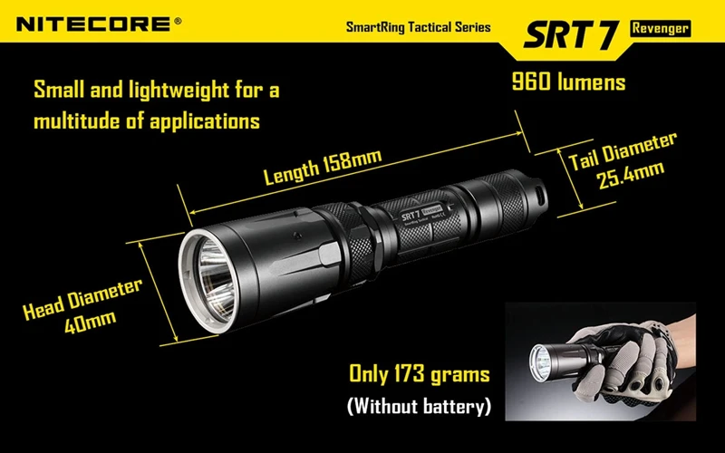 Nitecore SRT7 960LM 3 modes Waterproof Tactical XM-L2 T6 led light lamp Flashlight 18650 CR123 torch+holster+O-ring+clip
Nitecore SRT7 960LM 3 modes Waterproof Tactical XM-L2 T6 led light lamp Flashlight 18650 CR123 torch+holster+O-ring+clip