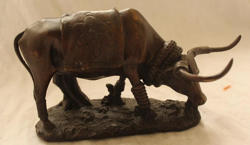 

R0720 Details about 6"Chinese Folk Bronze carved excellent Lucky Lifelike beautiful Ox Statue