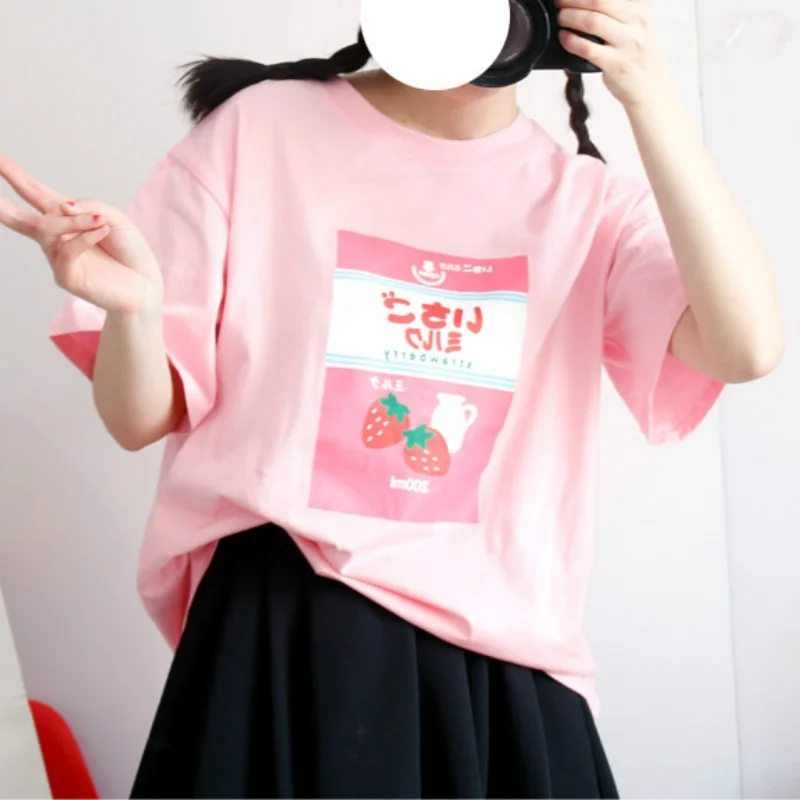 Новинка Harajuku BF Wind японская женская футболка с рисунком клубники и коровы