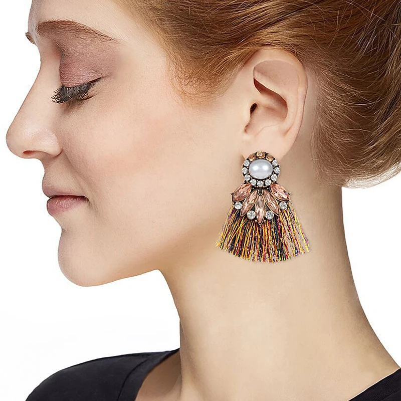 ZHINI Fashion Tassel Earrings Vintage Big Fan Shaped Rope Handmade Jewelry Bohemian Drop for Women Accessories | Украшения и