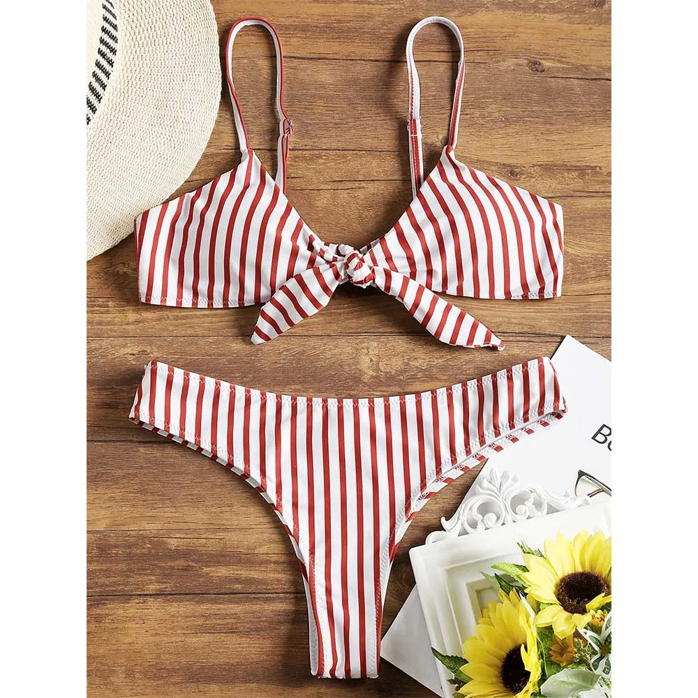 

ZAFUL Striped Bikini Front Knotted Swimwear Padded Swimsuit Women White And Red Bathing Suit Spaghetti Strape Bikini Beachwear