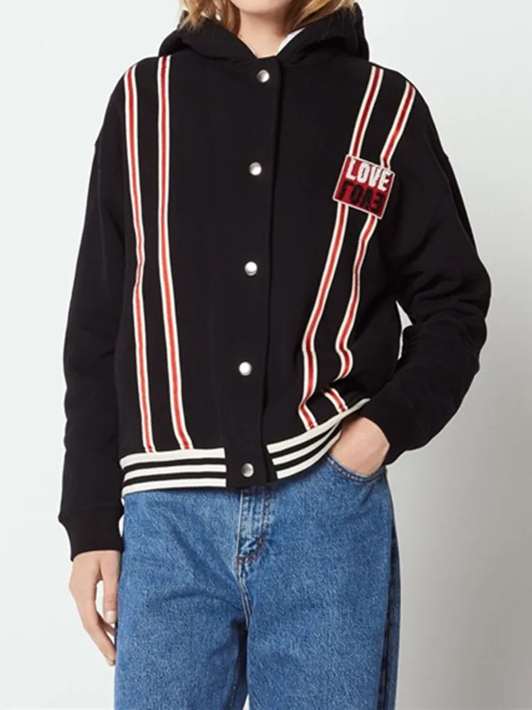 Outerwear & Coats Jackets Long Sleeve striped badges Women Black hooded sports Autumn and winter sweatershirt with Buttons
Outerwear & Coats Jackets Long Sleeve striped badges Women Black hooded sports Autumn and winter sweatershirt with Buttons