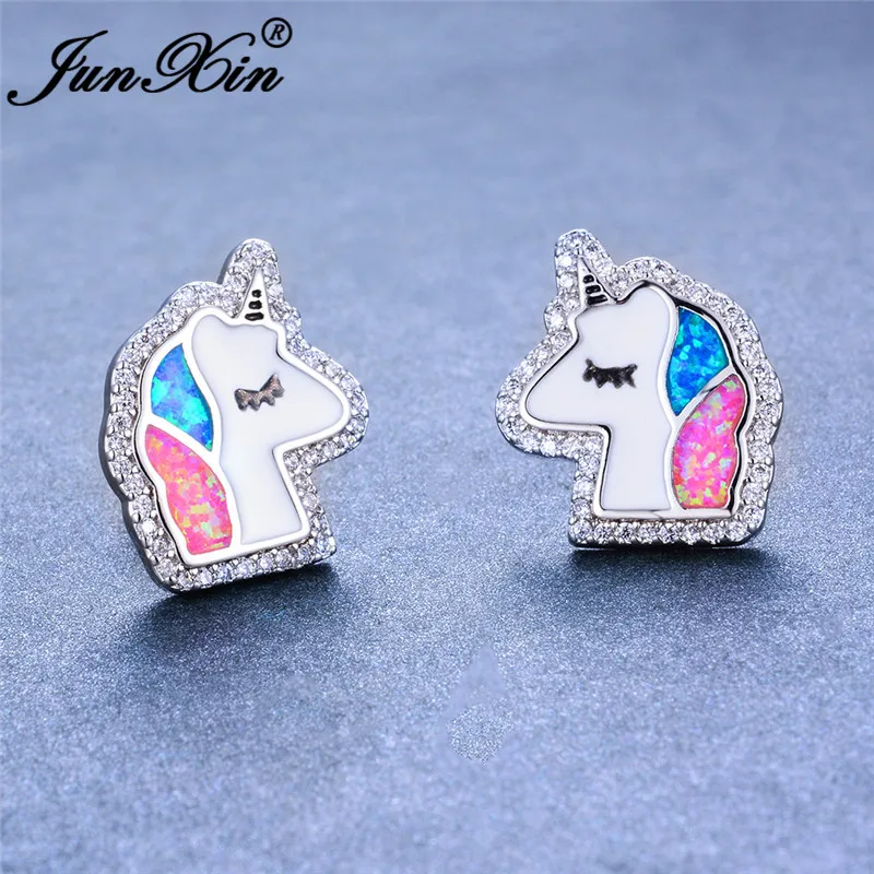 JUNXIN Cute Unicorn Horse Head Stud Earrings For Women 925 Sterling Silver Filled White CZ Blue Pink Green Fire Opal Earrings
JUNXIN Cute Unicorn Horse Head Stud Earrings For Women 925 Sterling Silver Filled White CZ Blue Pink Green Fire Opal Earrings