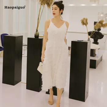 Solid Summer A-line Dress Women White Sleeveless Spaghetti Strap Mid-calf Lace Tassel Beach Casual Dress Elegant Party Dress
Solid Summer A-line Dress Women White Sleeveless Spaghetti Strap Mid-calf Lace Tassel Beach Casual Dress Elegant Party Dress