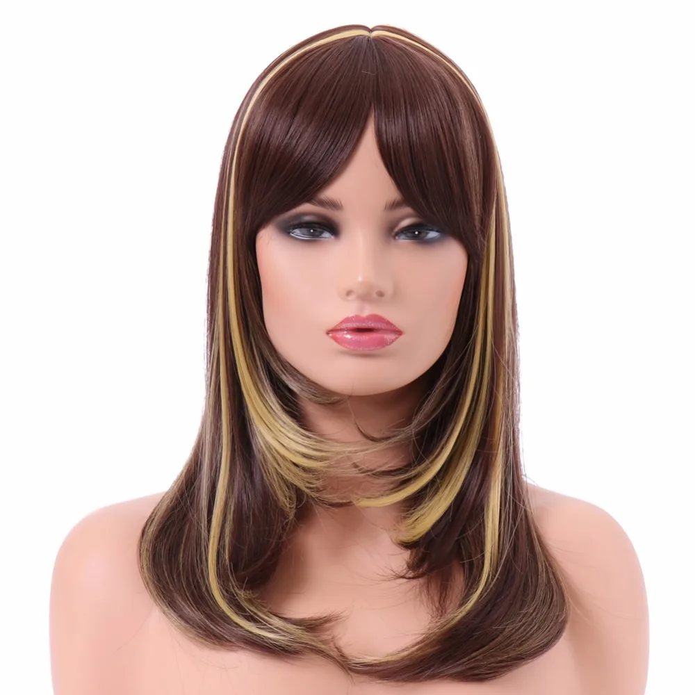 

BESTUNG Synthetic Layered Natural Wavy Wigs with Bangs Brown and Highlights Blonde Long Hair Wig for Women