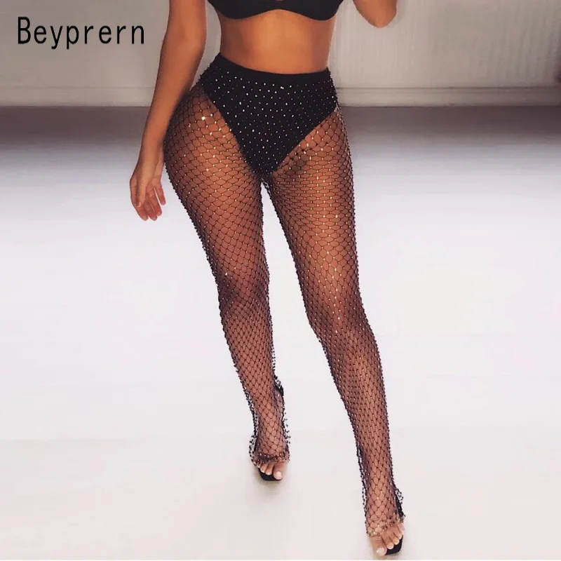 

Beyprern Sparkle High Waist Leggings Embellished Mesh Diamante Pants Women Stretchy See Through Skinny Pencil Pants Net Trousers