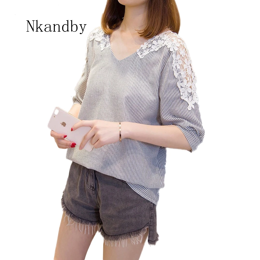 Nkandby Plus size V neck Woman Shirts Summer Korean Striped Lace Trim Big Blouses Hollow out Tops 5XL 4XL Femme Camisetas Mujer 
Nkandby Plus size V neck Woman Shirts Summer Korean Striped Lace Trim Big Blouses Hollow out Tops 5XL 4XL Femme Camisetas Mujer