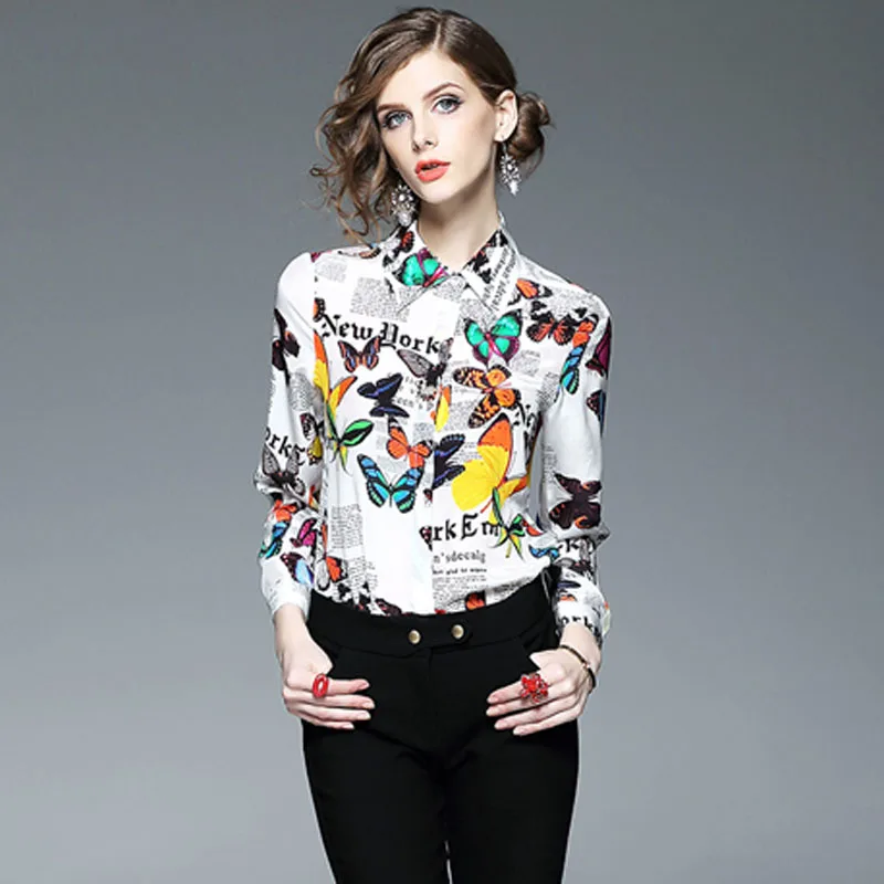 Image Brand New Designer Women Silk Blouses and Shirts High Quality 2017 Spring Long Sleeve Butterfly Print Blouse Office Work Tops