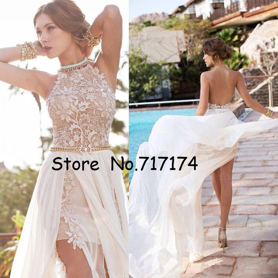Summer Boho Sheath Beach Wedding Dresses IN STOCK Halter Neck Backless High Side Split A-line Bridal Gowns with Pearls Belt
Summer Boho Sheath Beach Wedding Dresses IN STOCK Halter Neck Backless High Side Split A-line Bridal Gowns with Pearls Belt