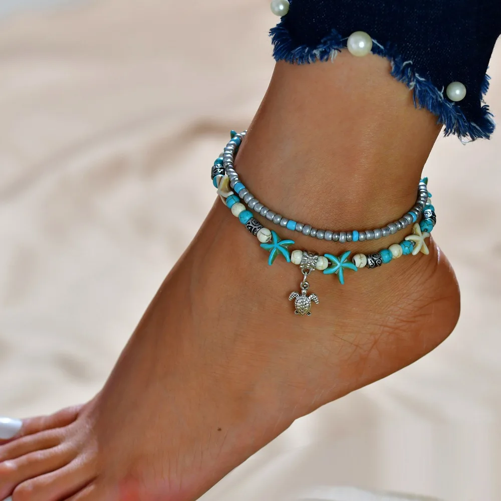 

Beach Ocean Star Turtle Anklet Bracelet Bead Life Tree Elephant Round Pendents Foot Chain Jewelry Couple Anklets For Women Gifts