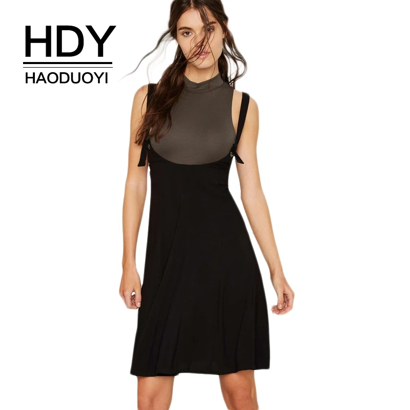 Женское мини-платье HDY Haoduoyi черное плиссированное платье с цветным блочным