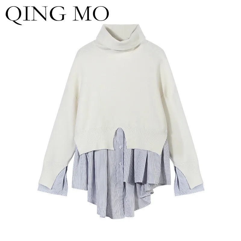 QING MO 2018 Spring Autumn Turtleneck Sweater Long Sleeve Casual Pullovers Fake Two Piece Black Knitted ADQ052 | Женская одежда